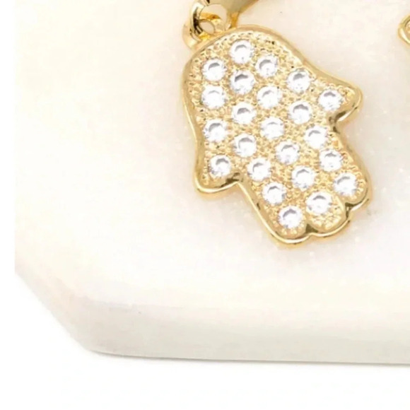 Jewelry - 14K Solid Gold Belly Ring Hoop with pave stone CZ stones Dangling Hamsa Charm